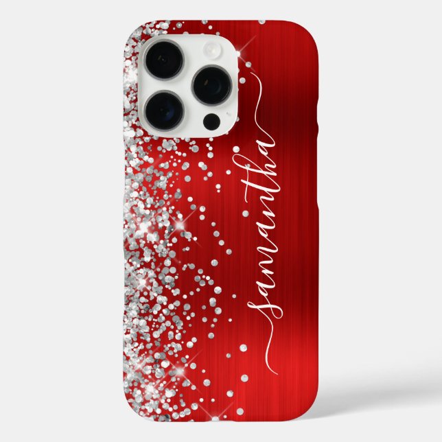 Funda iPhone 16 Pro Purpurina plateado Red Metallic Girly Signature (Reverso )