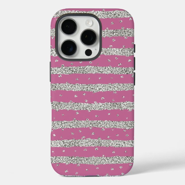 Funda iPhone 16 Pro Rayas de confetti rosadas de plata (Reverso )