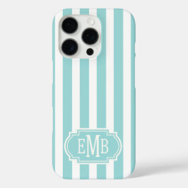 Funda iPhone 16 Pro Rayas Monogramadas de Aqua y Blanco