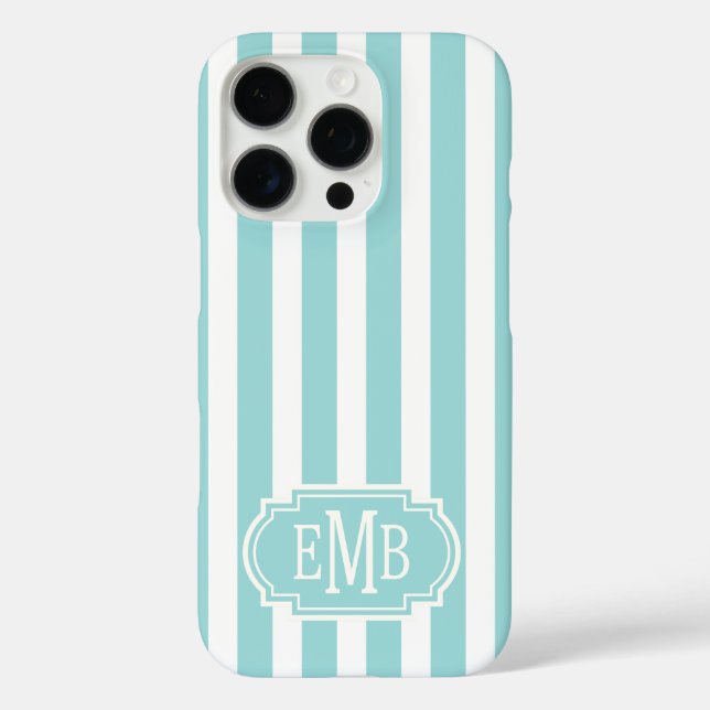 Funda iPhone 16 Pro Rayas Monogramadas de Aqua y Blanco (Reverso )