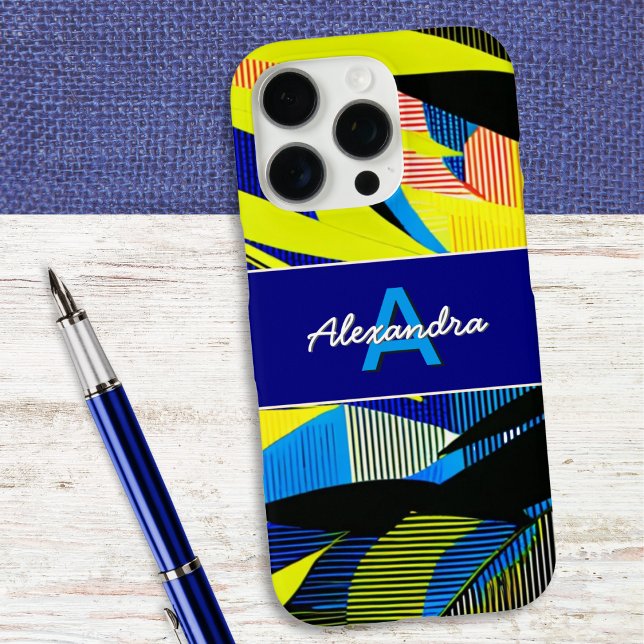 Funda iPhone 16 Pro Resumen de hojas de palmeras tropicales brillantes (A monogrammed phone case with bright abstract tropical leaves design)