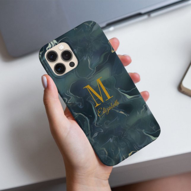 Funda iPhone 16 Pro Resumen moderno Nombre del Monograma Turquesa Verd (The abstract design inspired by nature in dark green tie-dye for the monogram custom name phone case)