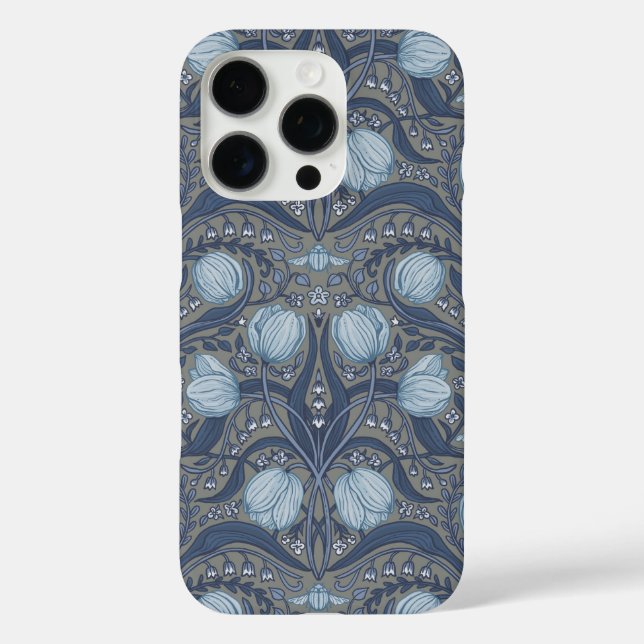 Funda iPhone 16 Pro Retro Nouveau Tulips in blue and pewter (Reverso )