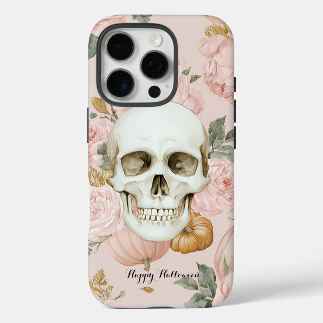 Funda iPhone 16 Pro Romántico Skull Floral Halloween (Reverso )