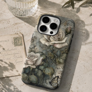 Funda iPhone 16 Pro Rosa Blanca y Mariposa Shabby Chic Vintage