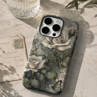 Funda iPhone 16 Pro Rosa Blanca y Mariposa Shabby Chic Vintage