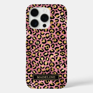 Funda iPhone 16 Pro Rosa Dorado Estampado Leopardo Monogramado