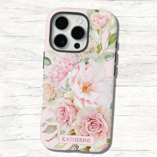 Funda iPhone 16 Pro Rosa Flor Floral Acuarela Rosa Beige Monograma