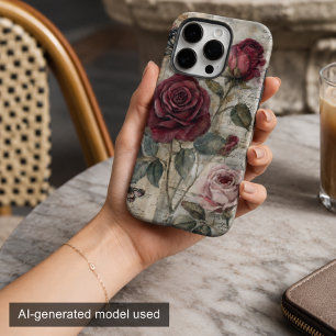 Funda iPhone 16 Pro Rosa Roja y Mariposa Vintage Shabby Chic 