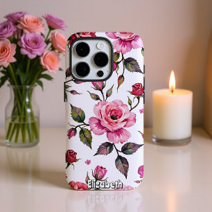 Funda iPhone 16 Pro Rosas de acuarela y patrón de hojas