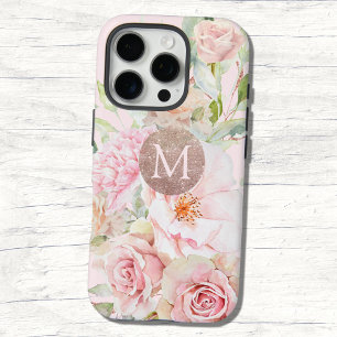 Funda iPhone 16 Pro Rosas doradas rosadas Monograma Floral acuarela 