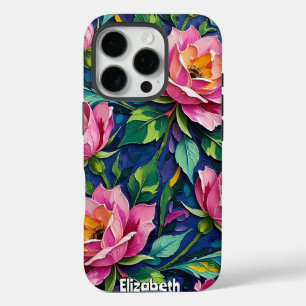 Funda iPhone 16 Pro Rosas rosas rosas impresionistas en azul