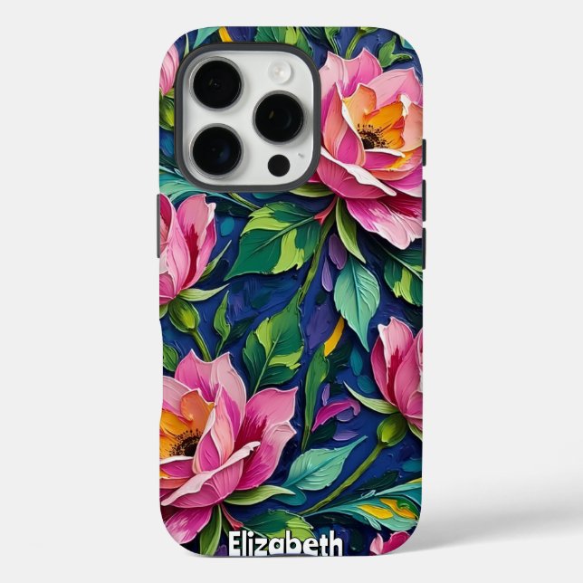 Funda iPhone 16 Pro Rosas rosas rosas impresionistas en azul (Reverso )