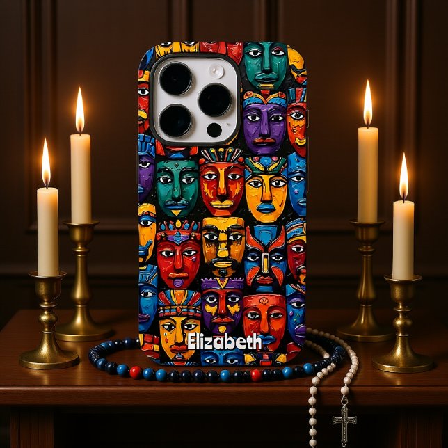 Funda iPhone 16 Pro Rostros tribales Art Deco (Subido por el creador)