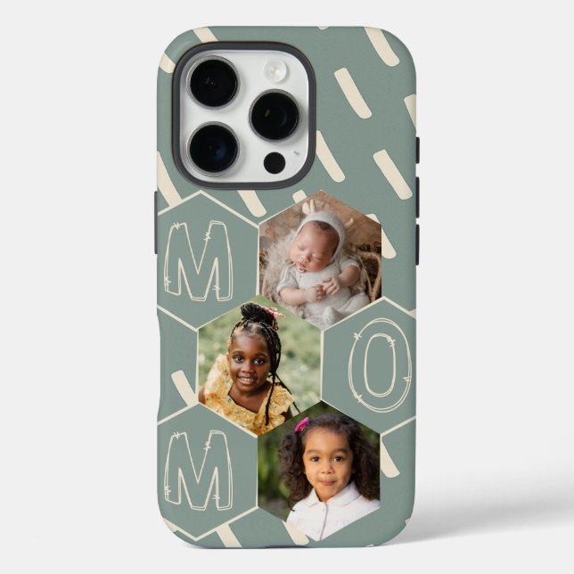 Funda iPhone 16 Pro Sage green hexagon Mom Photo Collage (Reverso )