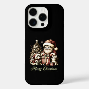 Funda iPhone 16 Pro Santa Cat y sus pequeños ayudantes al estilo vinta