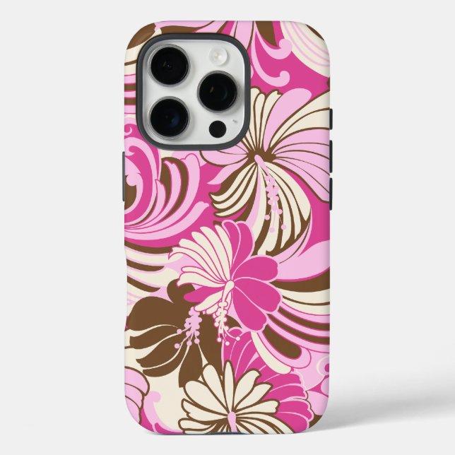 Funda iPhone 16 Pro Selva Hibiscus Hawai Rosa Y Marrón (Reverso )