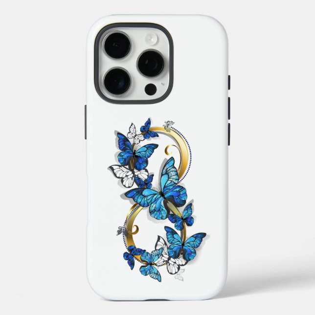 Funda iPhone 16 Pro Símbolo infinito de mariposas Morpho azules (Reverso )