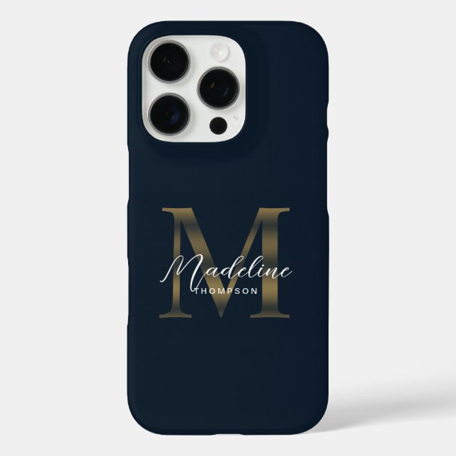 Funda iPhone 16 Pro Stylist Script Metallic Navy Blue Gold Monogram (Reverso )
