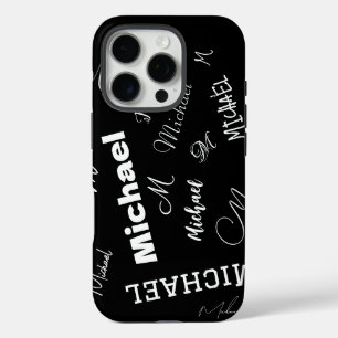 Funda iPhone 16 Pro Su nombre y patrón personalizado de monograma negr