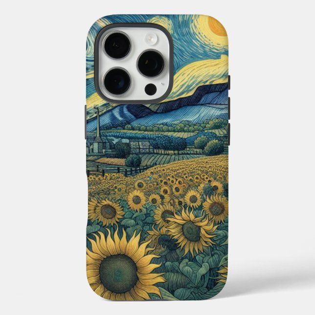 Funda iPhone 16 Pro Sunflower Meadow in the Starry Night (Reverso )