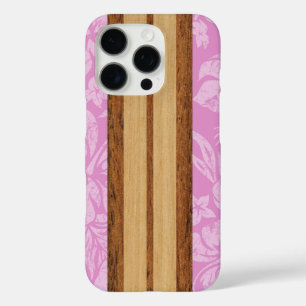 Funda iPhone 16 Pro Sunset Beach Faux Wood Surfboard Cas de color rosa