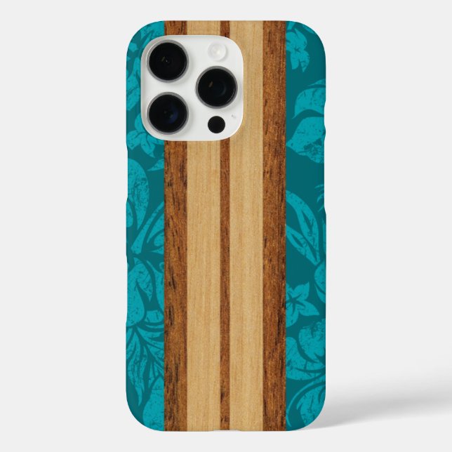 Funda iPhone 16 Pro Sunset Beach Faux Wood Surfboard Hawái Verde azula (Reverso )