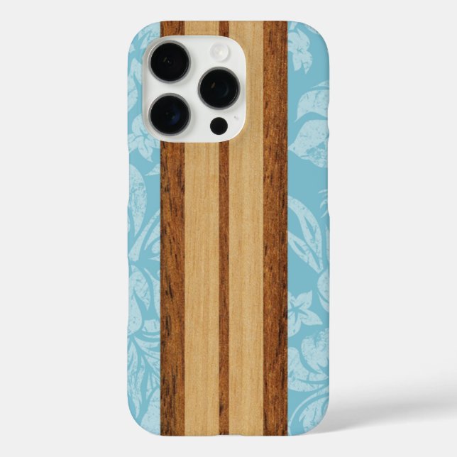 Funda iPhone 16 Pro Sunset Beach Faux Wood Surfboard Hawaii Aqua Cas (Reverso )