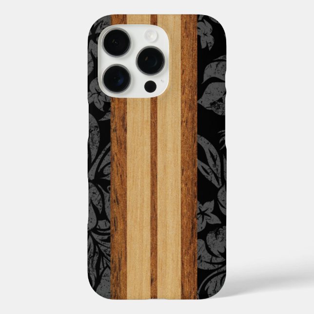 Funda iPhone 16 Pro Sunset Beach Faux Wood Surfboard Hawaii Black Ca (Reverso )