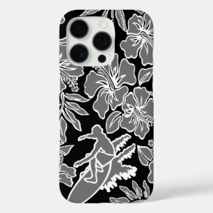 Funda iPhone 16 Pro Surf Pareau Hawaiano Hibiscus Surfing Black
