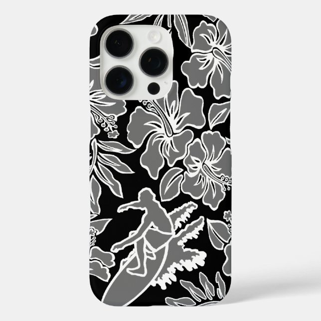 Funda iPhone 16 Pro Surf Pareau Hawaiano Hibiscus Surfing Black (Reverso )