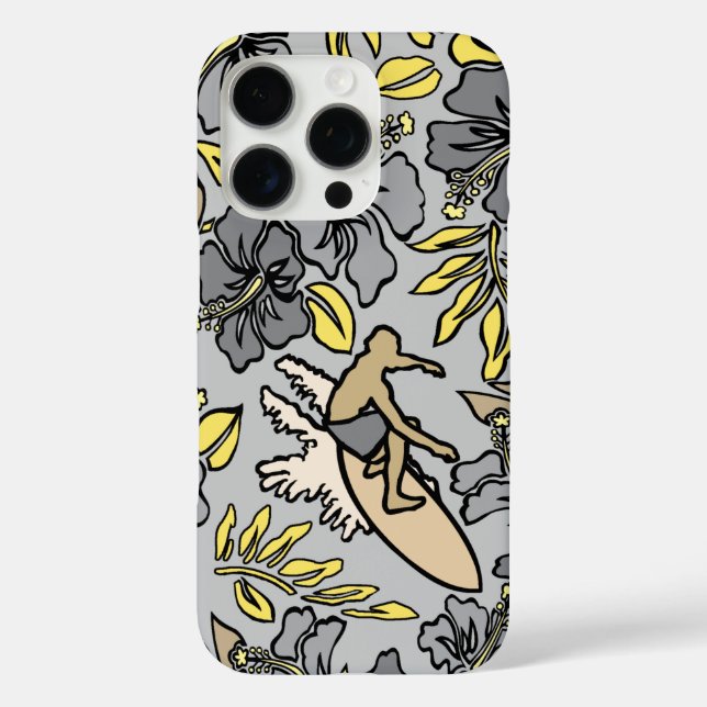 Funda iPhone 16 Pro Surf Pareau Hawaiano Hibiscus Surfing Grey (Reverso )