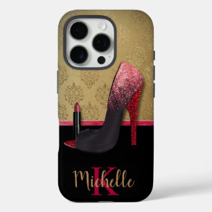 Funda iPhone 16 Pro Talón, lápiz labial y monograma de Purpurina elega