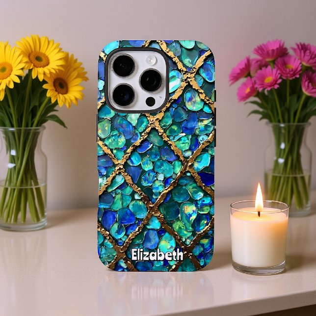 Funda iPhone 16 Pro Textura de Cuadrícula Aqua y Gold (Subido por el creador)