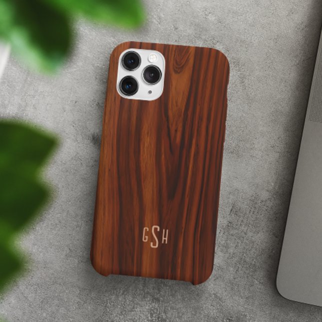 Funda iPhone 16 Pro Textura de madera de caoba oscura, monograma (Subido por el creador)