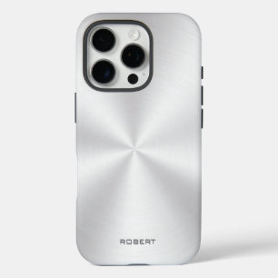 Funda iPhone 16 Pro Textura metálica plateada con aspecto de acero ino