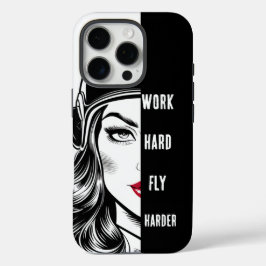 Funda iPhone 16 Pro TRABAJAR duro volar más duro, piloto mujer, aviaci