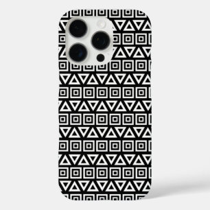 Funda iPhone 16 Pro Triángulos aztecos+Cuadrados Patrón blanco sobre n