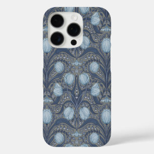 Funda iPhone 16 Pro Tulipanes Retro Nouveau en azul y estaño