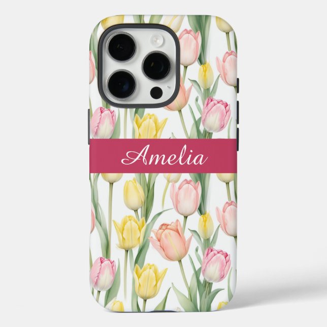 Funda iPhone 16 Pro Tulipanes rosa y amarillo pastel (Reverso )