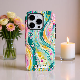 Funda iPhone 16 Pro Vibrante Abstracto Ping Y Verde azulados Swirls
