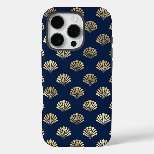 Funda iPhone 16 Pro Vieiras doradas en azul (Reverso )