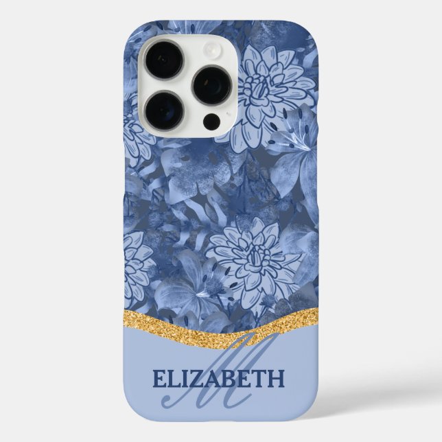 Funda iPhone 16 Pro Watercolor Floral Monogram Pattern - Blue on Blue (Reverso )