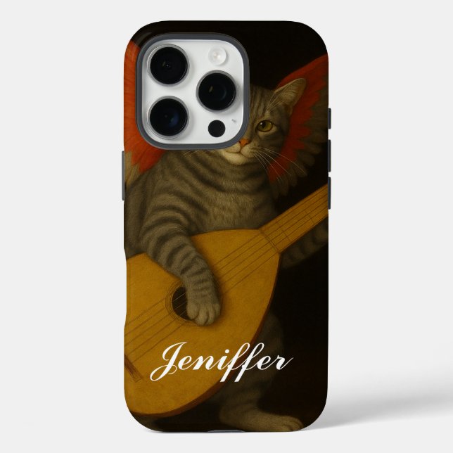 Funda iPhone 16 Pro Winged Musician Cat Playing Lute Art               (Reverso )