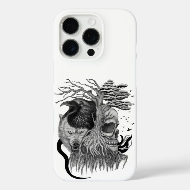 Funda iPhone 16 Pro Wolf y Raven con el cráneo (Reverso )