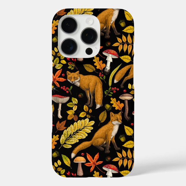 Funda iPhone 16 Pro zorros otoñales sobre negro (Reverso )