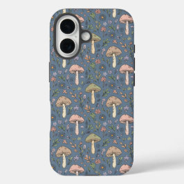 Funda iPhone 16 Profundo Patrón Continuo de Hongos Gris Pizarra Gó