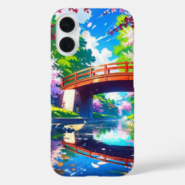 Funda iPhone 16 Puente sobre flores - Vibrante Primavera animada