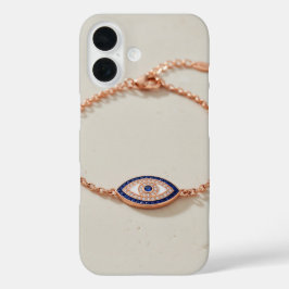 Funda iPhone 16 Pulsera Elegante de Ojo Turco con Piedras Preciosa