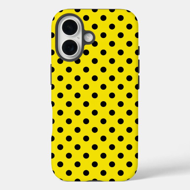 Funda iPhone 16 Puntos de polka amarillos y negros (Reverso )